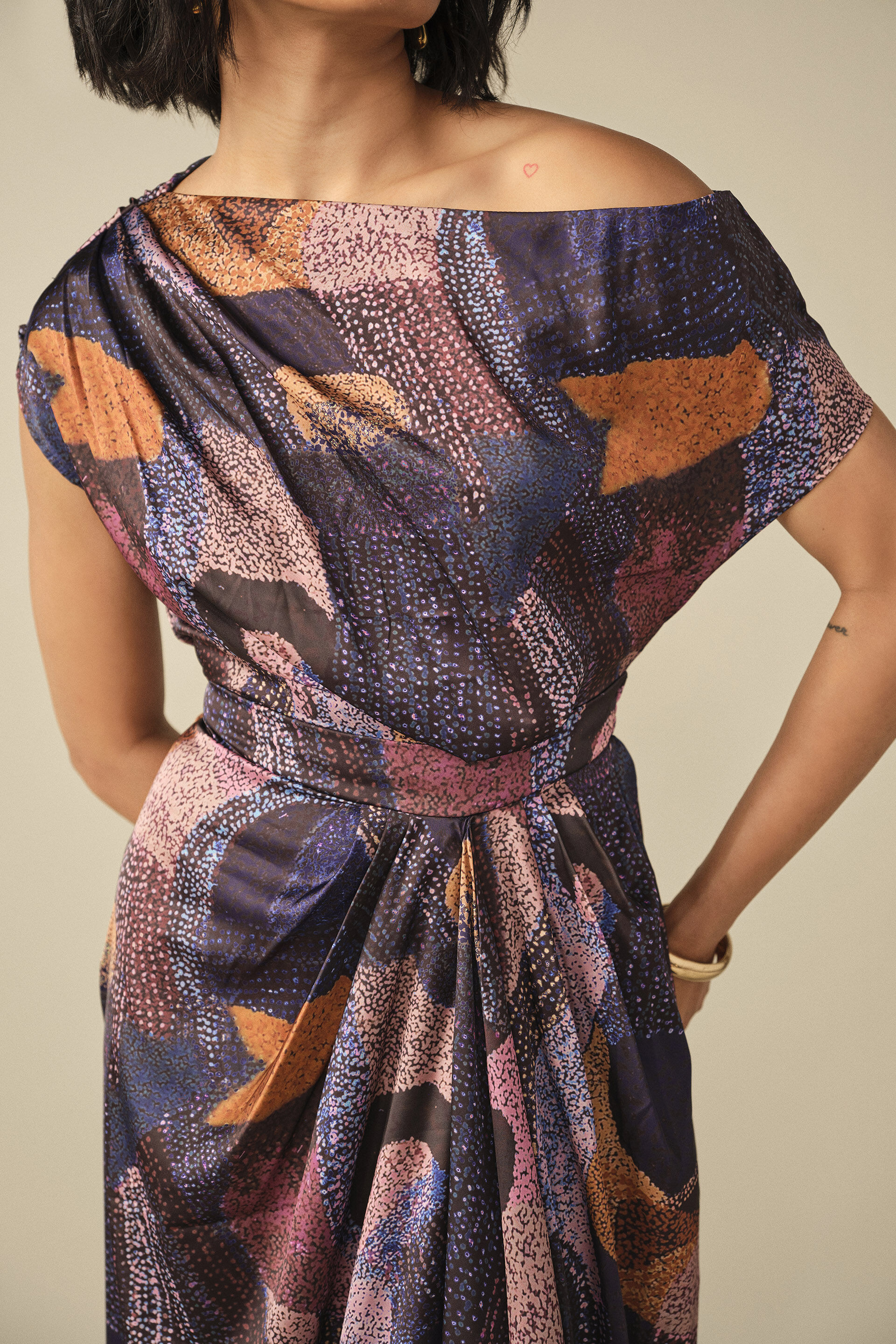 Abstract Print Draped Dress in Navy, Blue, image 2
